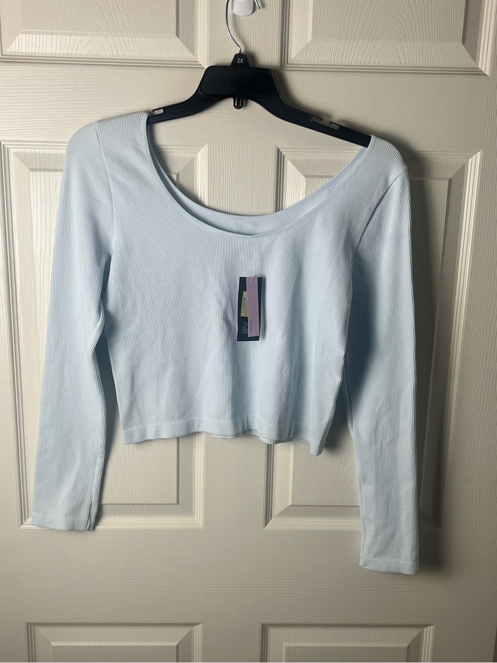 Women's Light Blue Long-Sleeve Ribbed Scoop Neck Top